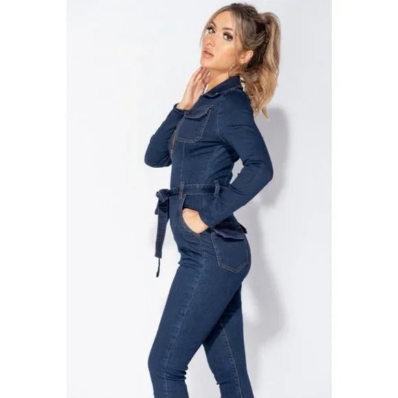 Blue Denim Jeans Long Sleeve Belted Bodycon Jumpsuit Playsuit - Picture 6 of 13